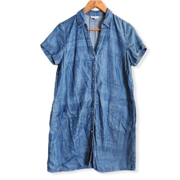 J Jill Blue Paisley Button Up Short Sleeve Tencel Lyocell Dress Sz Small Petite - Picture 1 of 8